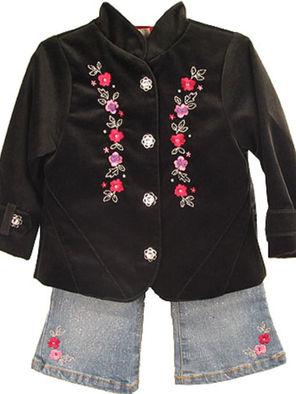Nannette - Girls' 3-Pc Black Velvet Blazer & Sparkle Jean Set